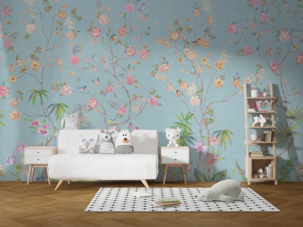 Trendy Blue Chinoiserie Floral Wallpaper Murals