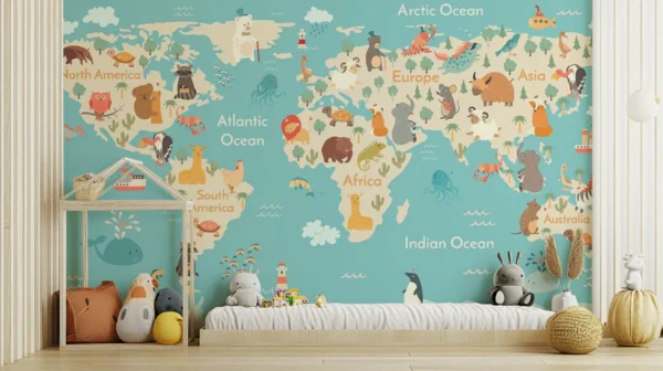 Kids Room Animal World Map Wallpaper Mural