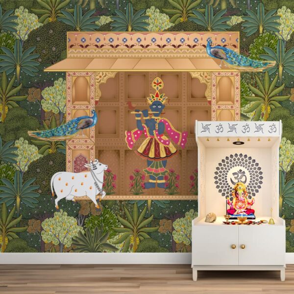 Shrinathji's Garden: Pichwai Inspired Wallpaper for Rooms