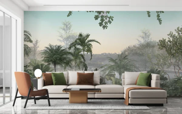 Tropical Trees Under Cerulean Skies Wallpaper Mural