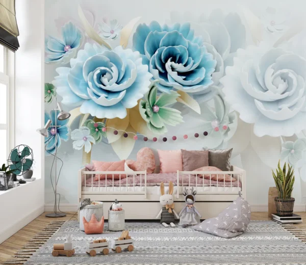3D Large Blue Floral Wallpaper Mural