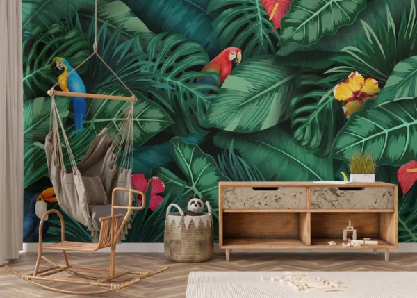 Tropical Green Leaves and Birds Wallpaper Mural