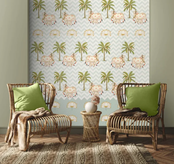 Pichwai Cows in Chevron Pattern Wallpaper