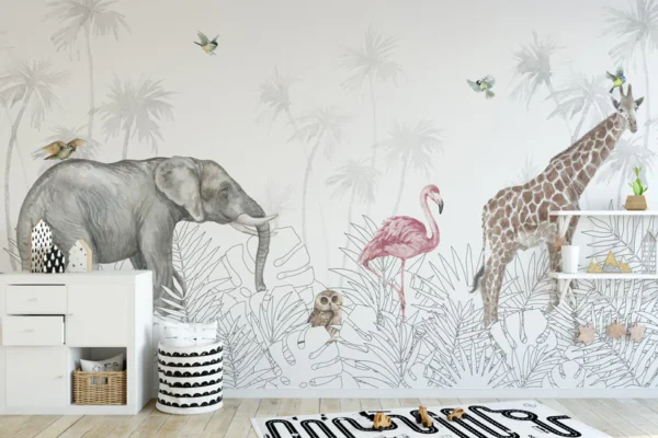 Watercolor Forest Animal White Wallpaper Mural